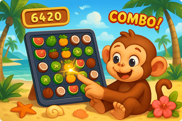 Monkey playing puzzle game at tropical beach