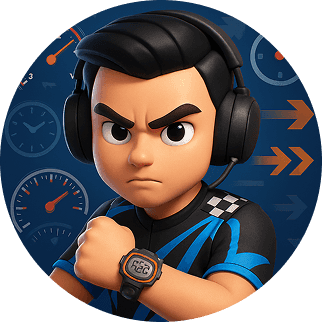 A cartoon avatar of a focused gamer boy with slick black hair