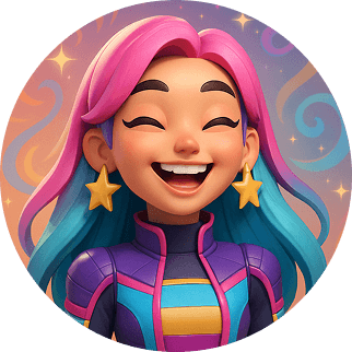 A cartoon avatar of a young woman with long pink and blue gradient hair